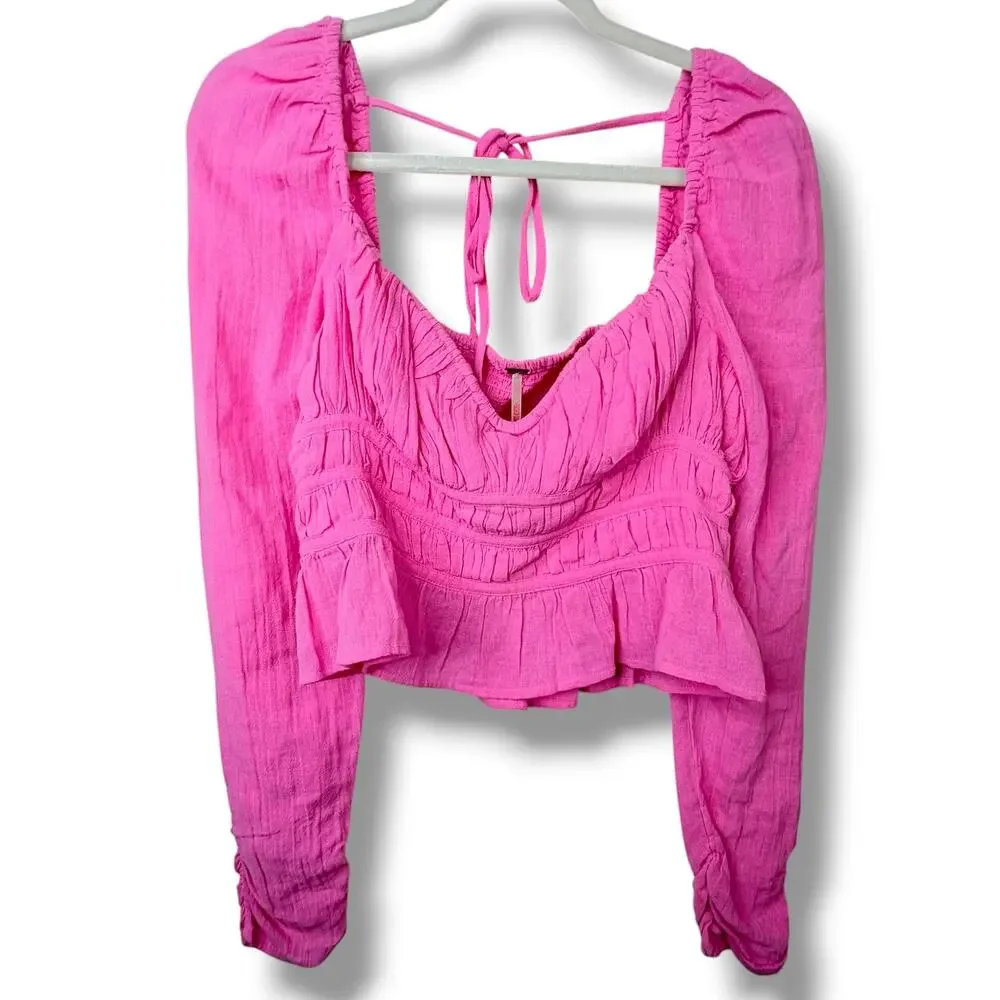Free People Chloe Aurora Pink Smocked Peplum Sweetheart Bohemian Cropped Top
